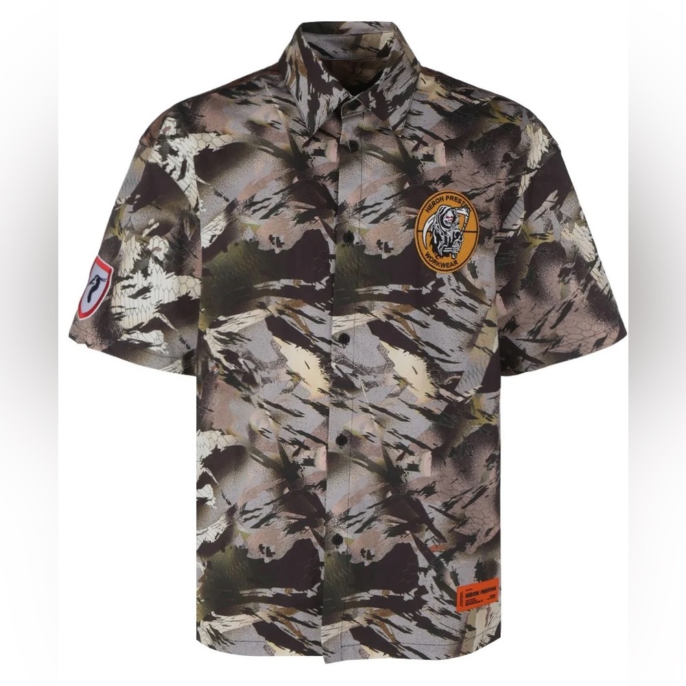 Heron Preston Camo Button Up Shirt Logo Patch Allover Print Short Sleeve Summer